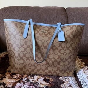 COACH Blue Trim Signature Canvas Snap Closure Silver-Tone Hardware City Tote Bag